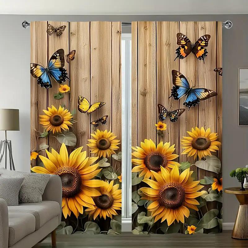Vintage Sunflower Print Curtains Pole Bag Bedroom Living Room Home Decoration Set Of 2 Made Polyester Sitting Decor
