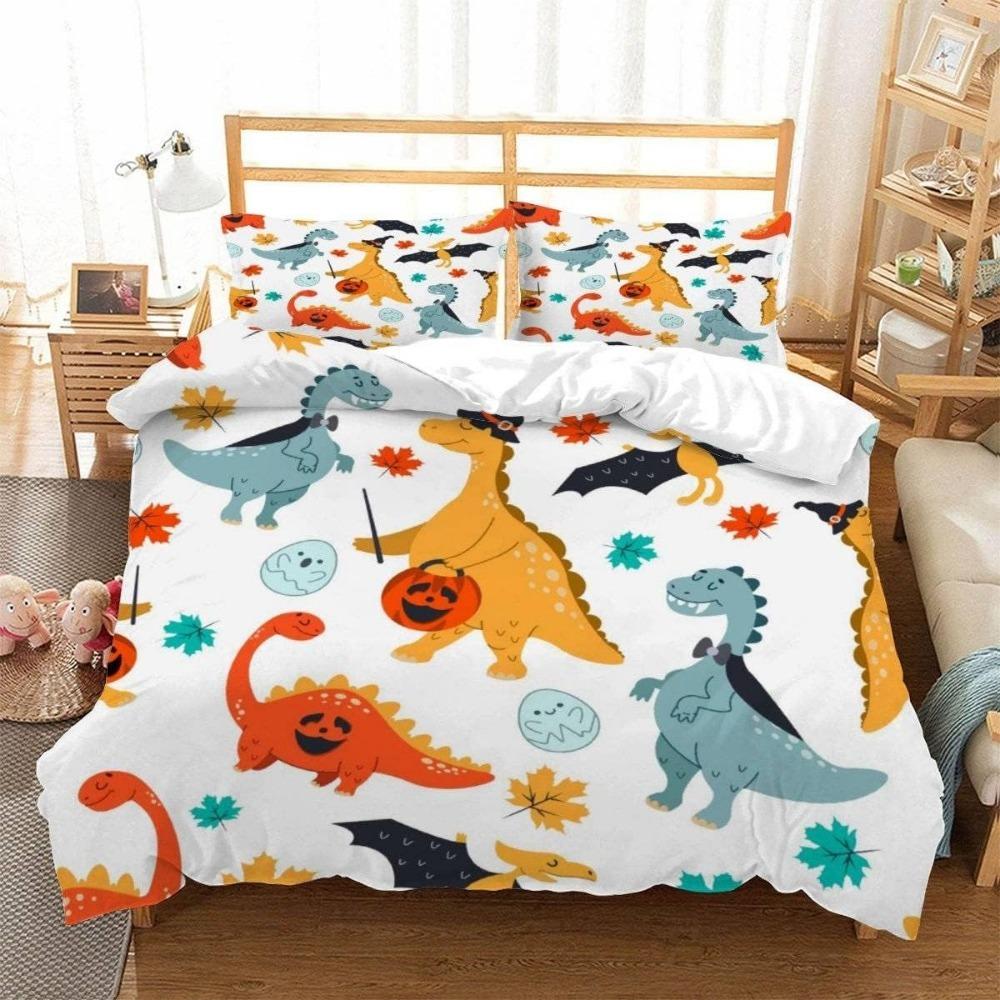 Desenho Animado Dinossauro, Conjuntos de Cama de Microfibra, Roupa de Cama Infantil com Zíper Decoração de Quarto Capa de Edredom para Adolescentes Adulto 3 Peças