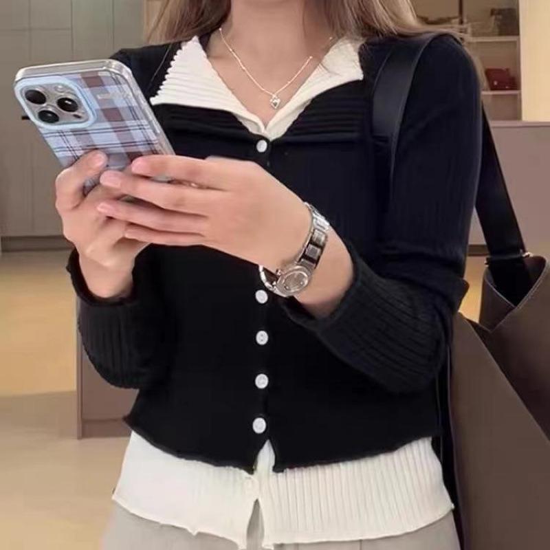 Contrast color fake two-piece long-sleeved lapel knitted cardigan women's autumn and winter slim temperament casual backing sweater top