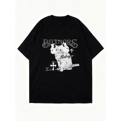 Oversized T Shirt Black Cat And Cross Print Graphic Tee For Casual Wear And Street Style