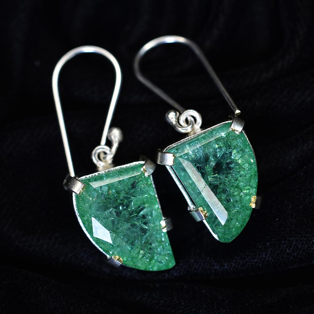 A+ CERTIFIED 925 Sterling Silver 57 Ct Natural Green Emerald Stone Fancy Earring MY.ER-41-NS