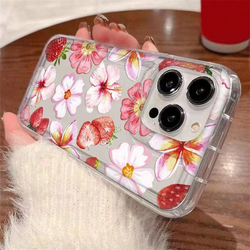 Floral Strawberries Pattern Clear Phone Case for Samsung Galaxy S25 S24 S23 S22 Ultra Plus S21 FE A53 A54 A55 A35 A15 Soft Cover
