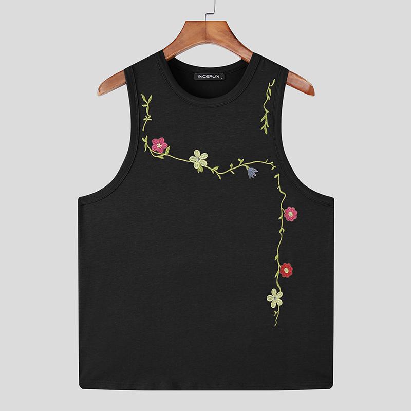 

INCERUN Summer Men O Neck Sleeveless Embroidery Casual Loose Thin Tank Tops XL