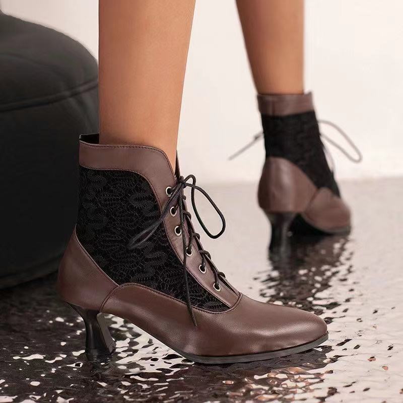 Autumn and winter new European and American style lace lace wine glass middle heel front strap pointed women's short boots