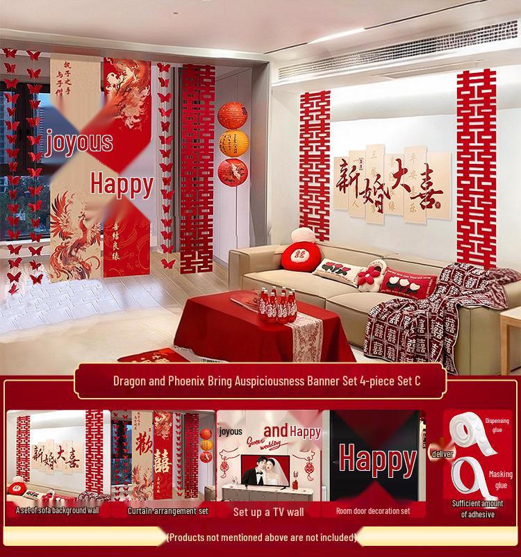 Double Happiness Wedding Room Cloth Banner Set for Ceremony and Hotel Décor