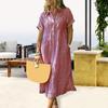 Striped Lapel Button Down Shirt Dress with Pockets Summer Casual Short Sleeve A-line Long