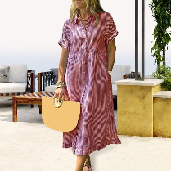 Striped Lapel Button Down Shirt Dress with Pockets Summer Casual Short Sleeve A-line Long