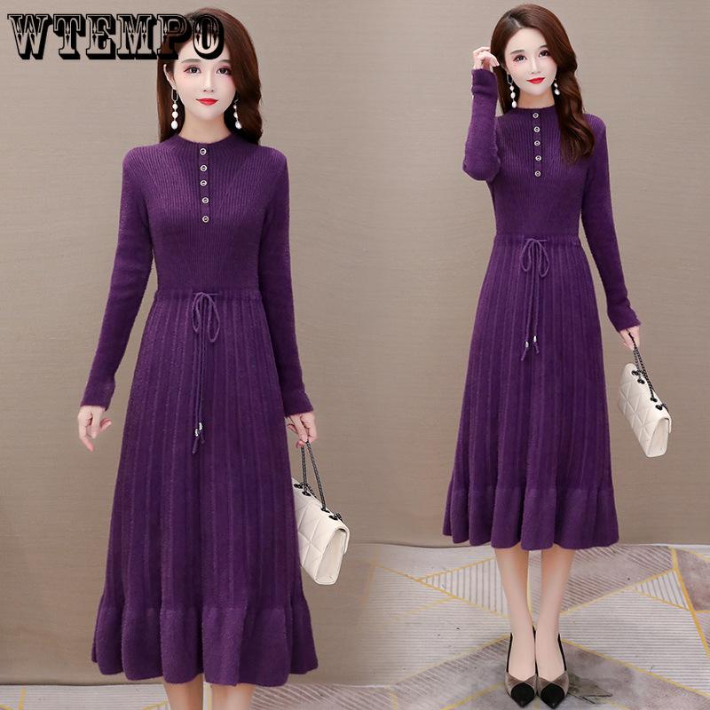 Women's Mink-proof Knitted Dress Loose Solid Color Mid-length Sweater Dress Knee-length Fishtail Dress for Autumn and Winter