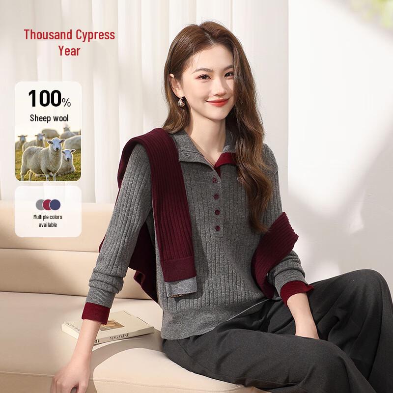 Qianbainian Damen Farbblock-Strickpullover aus reiner Wolle