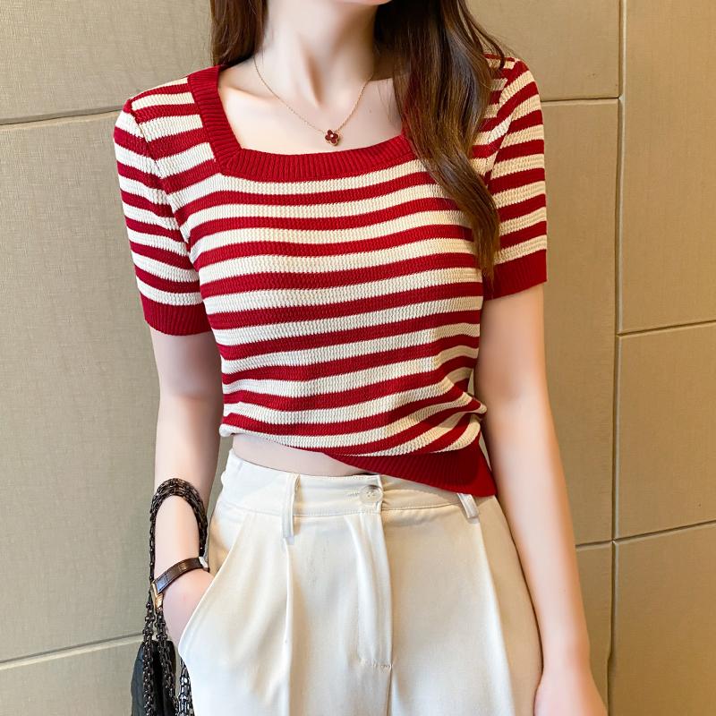 Sommer Kurzarm Gestreiftes T-Shirt Damen Gestrickte Hemden Pullover Tops Weiblich Elastisch Lässig Strick-T-Shirt Damen T-Shirts Crop Tops