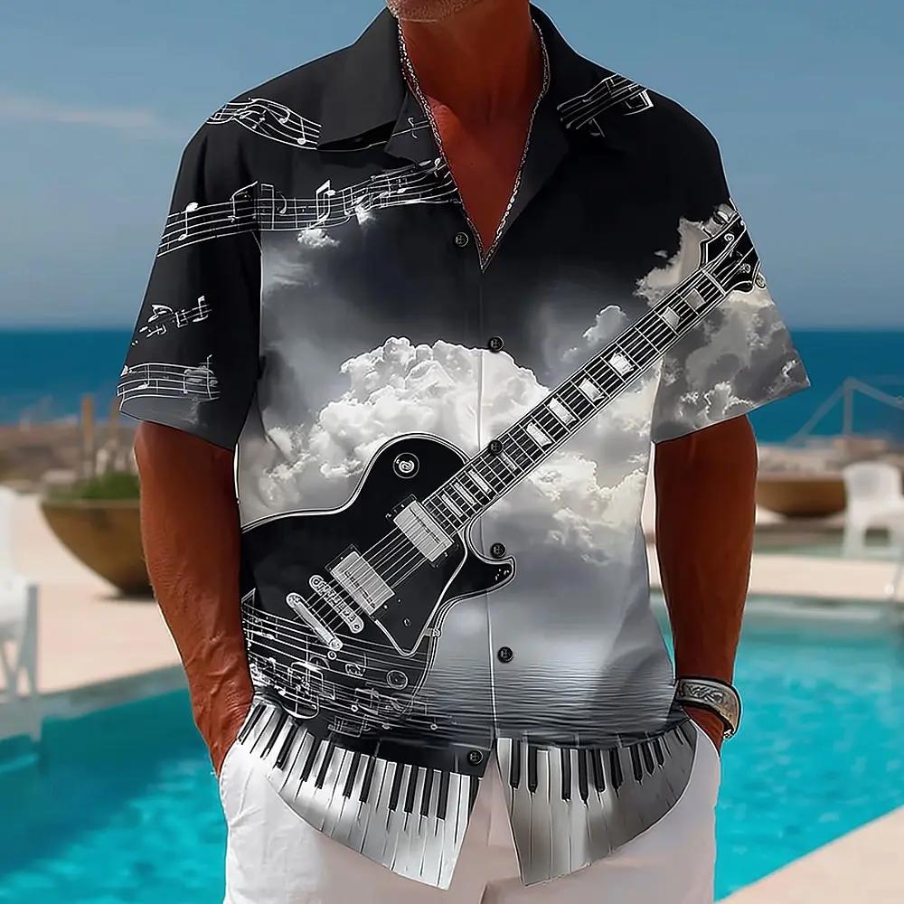 Music Lover's Short Sleeve Shirt, Guitar Piano Print, Casual Summer Essential