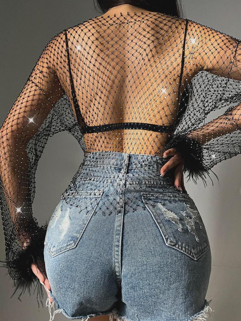 Women's Diamond Mesh Fishnet Long-Sleeve T-Shirt - Y8052