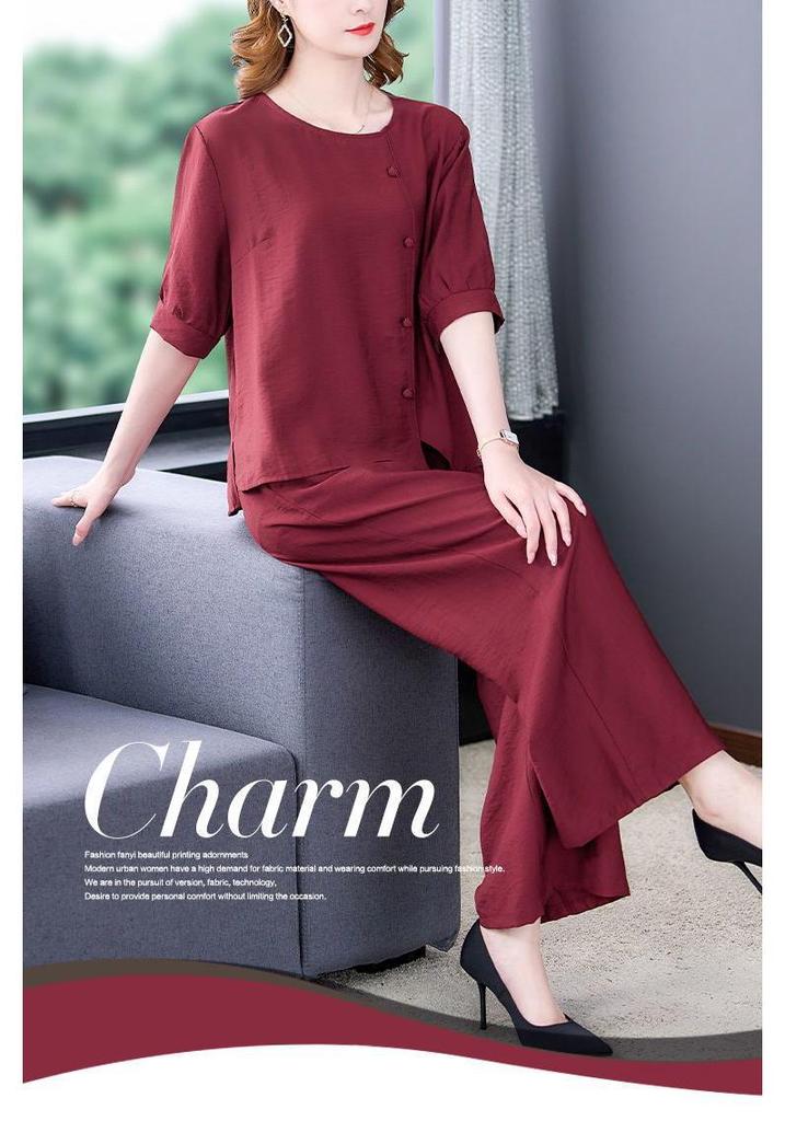 Mother's Summer 2026 Stylish Loose Fit Two-Piece: Short Sleeve, Casual, Slimming, Tummy Concealing for Middle-Aged Women