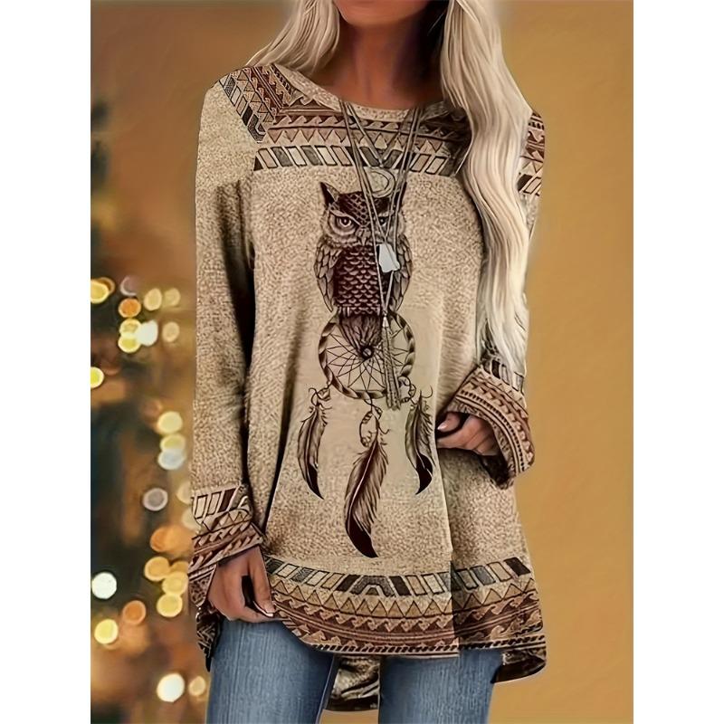 T-shirt da Donna Manica Lunga Stile Etnico Retrò Top Manica Lunga da Donna con Stampa Dreamcatcher Indiano T-shirt Casual Quotidiana Elegante