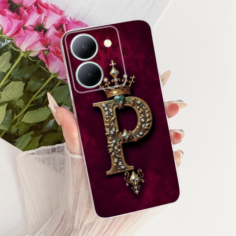 For Vivo V2322 Cover For Vivo Y27S Case Transparent Luxury Crown A-Z Letters 2D Flat Pattern Soft Phone Case For Y27S Vivo