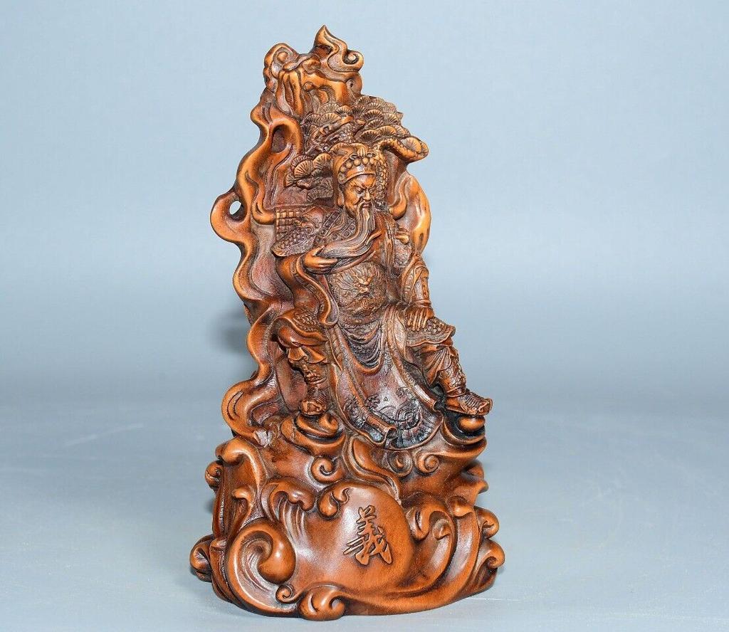 Chinese Antique Vintage Wood Hand Carved Boxwood Guan Yu Figure Statue Sculpture
