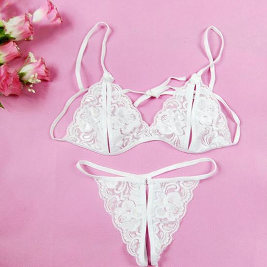 2 Pcs/Set Sexy Underwear Hollow Out Lace Solid Color Wireless Unpadded Open
