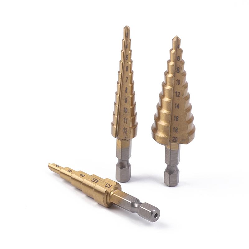 3Pcs Hss Titanium-Coated Spiral Groove Step Drill Bit 3-12 4-12 4-20 Power Tool Step Drill Bits Set Metal Multi-Hole Taper Drill