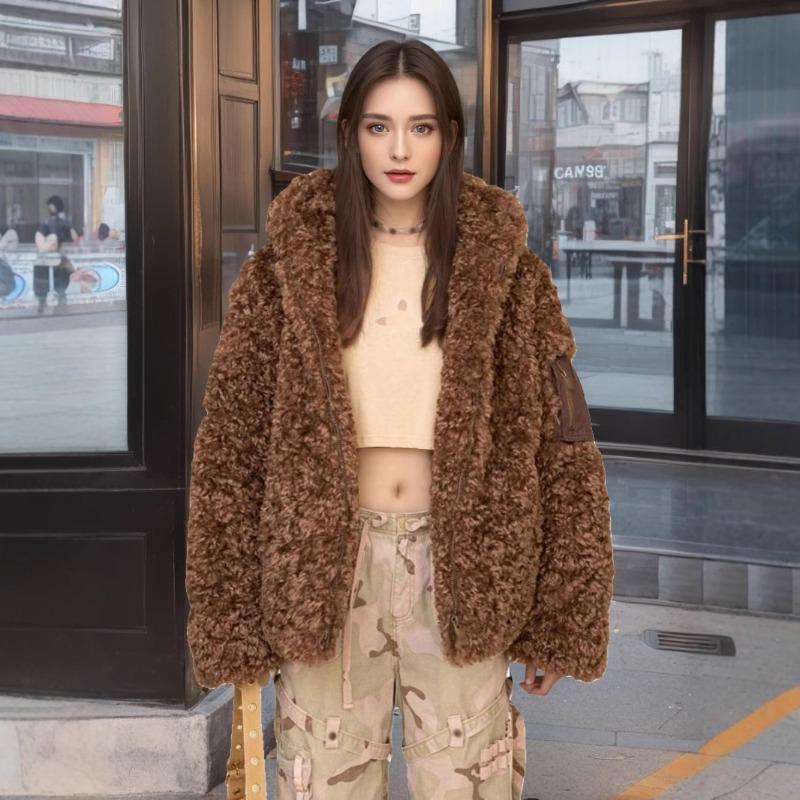Lamb Wool Coat Women's New Winter Hooded Medium and Long Thickened Loose High-end Fur Fur Coat