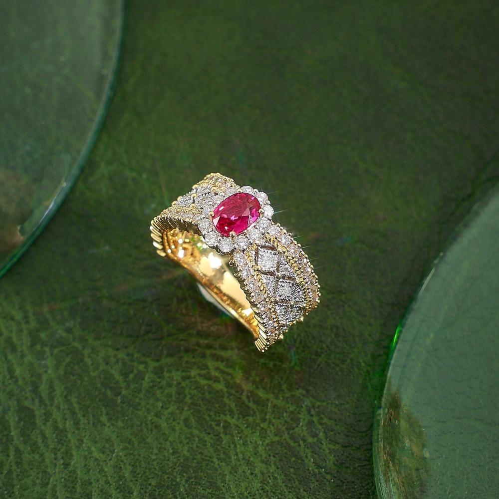 

Women Italian Gold Lace Ring Diamond Emerald Jewelry Elegant Two Tone Design Handcrafted adjustable
