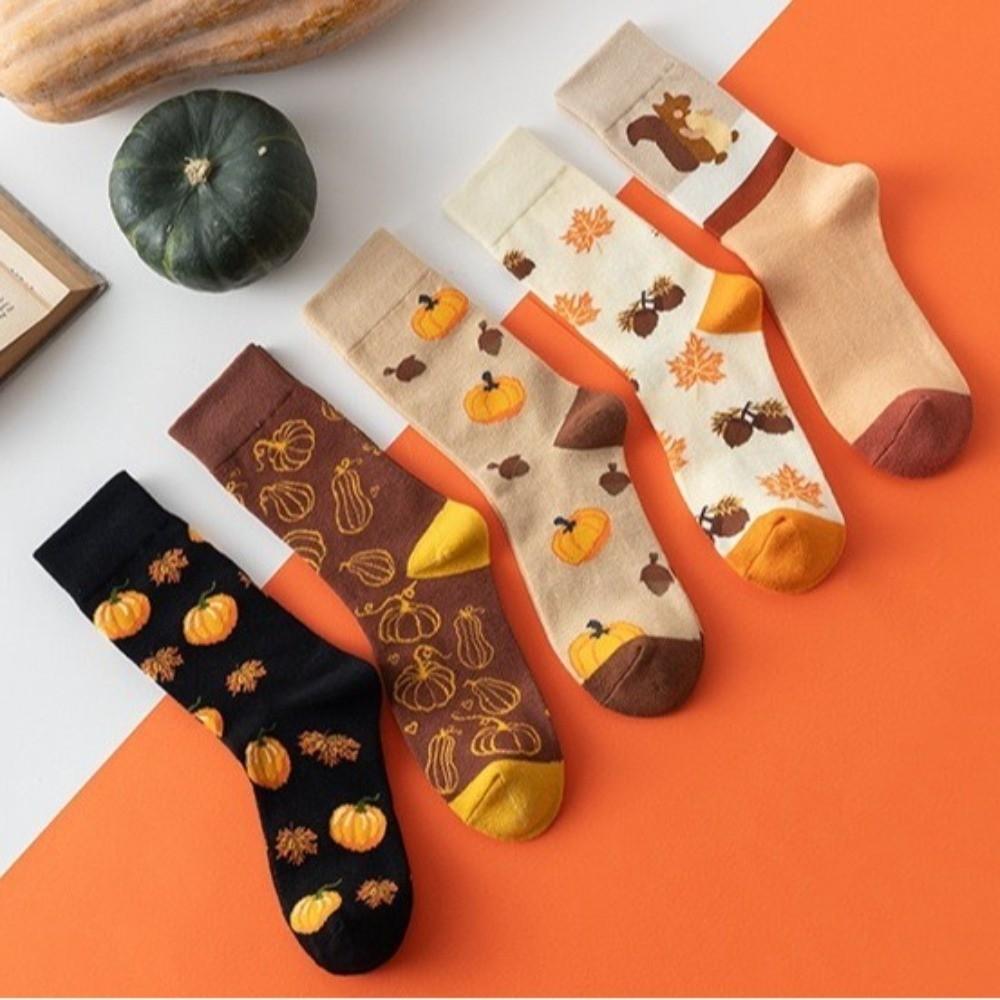 2 Pairs Soft Warm Mid-calf Socks Pumpkin Pattern Women's Stockings New Autumn Socks  Fall Costume