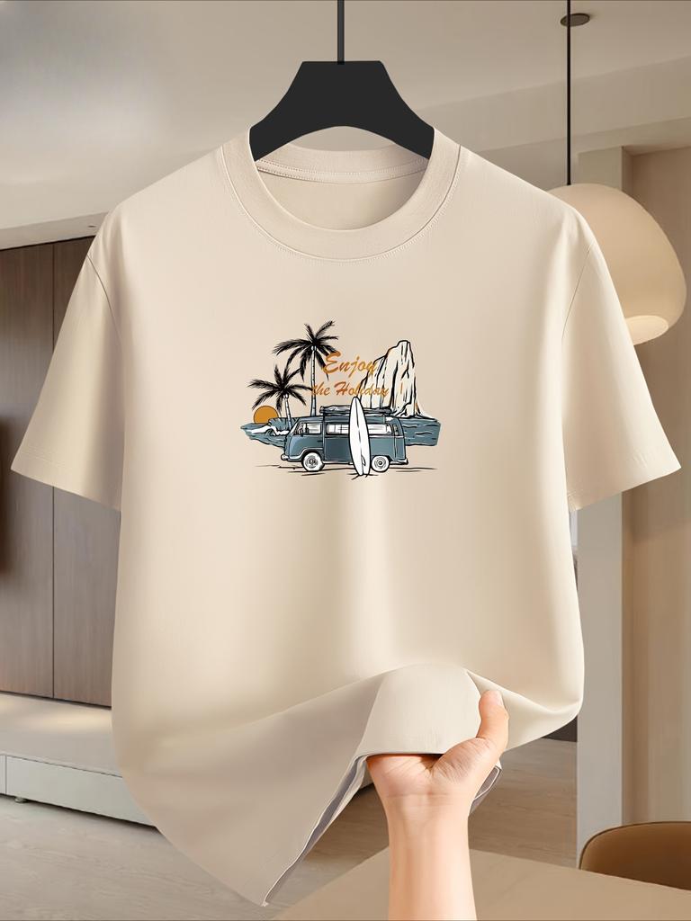 Palm Tree Beach Enjoy The Holiday Graphic Tshirt Unisex Unisex Cotton Short Sleeve Summer Travel Casual Loose Daily Tops