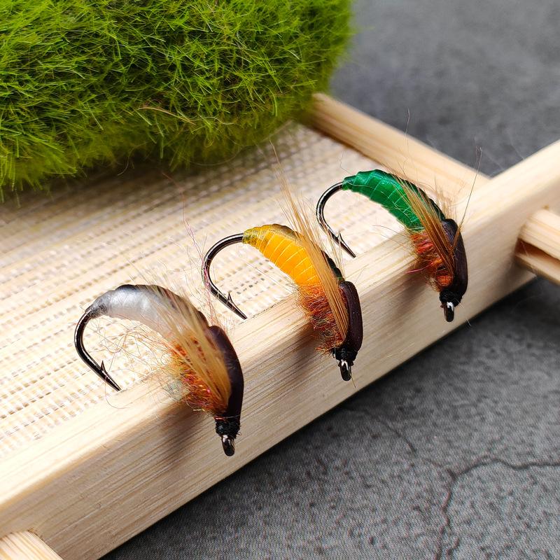 6pcs/Box 8# 10# 12# 14# Caddis Nymph Fly Fishing Lures Hand-Tied Larvae Wet Flies Ice Silk Fiber Trout Chub Fly Fishing Baits