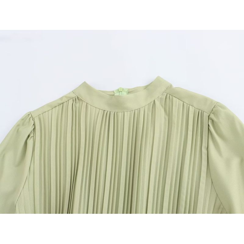 Kaslead New Arrival Women's Clothing Fashion Style Fashion Elegant Small Stand Collar Pleated Print Long Sleeves Dress