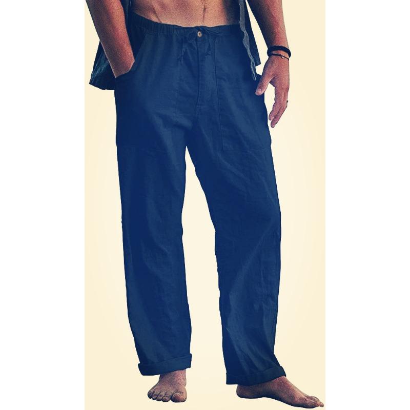 Cotton and Linen Pants Yoga Beach Loose Casual Pants Waist Drawstring with Pocket Men’s Casual Pants