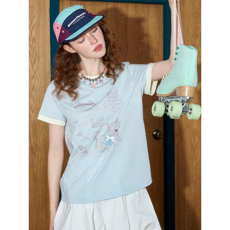 Coolhut Color-Blocked Printed Cartoon Cat Loose, Simple and Versatile New Summer Women's T-Shirt for Girls, Comfortable