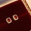 Golden Pigeon Blood Ruby Square Stud Earrings Women's Niche Design Sense Exquisite Luxury Small Temperament Fashion Trendy Earrings