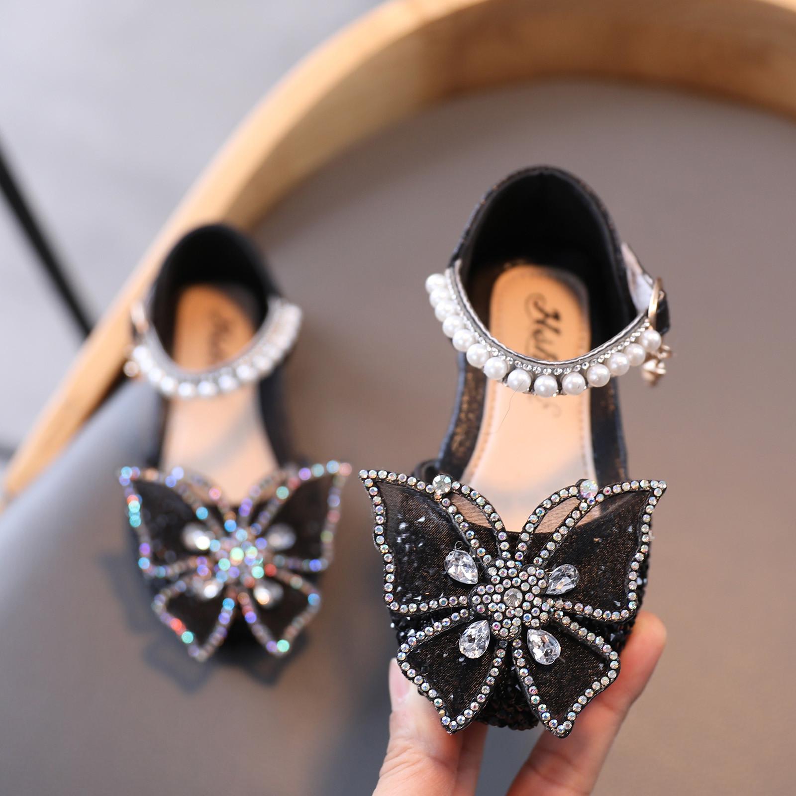 Girls Princess Glitter Dress Shoes Pearl Strap Roman Style Sandals with Butterfly Decoration for Kids Party Formal Events 23 чёрный