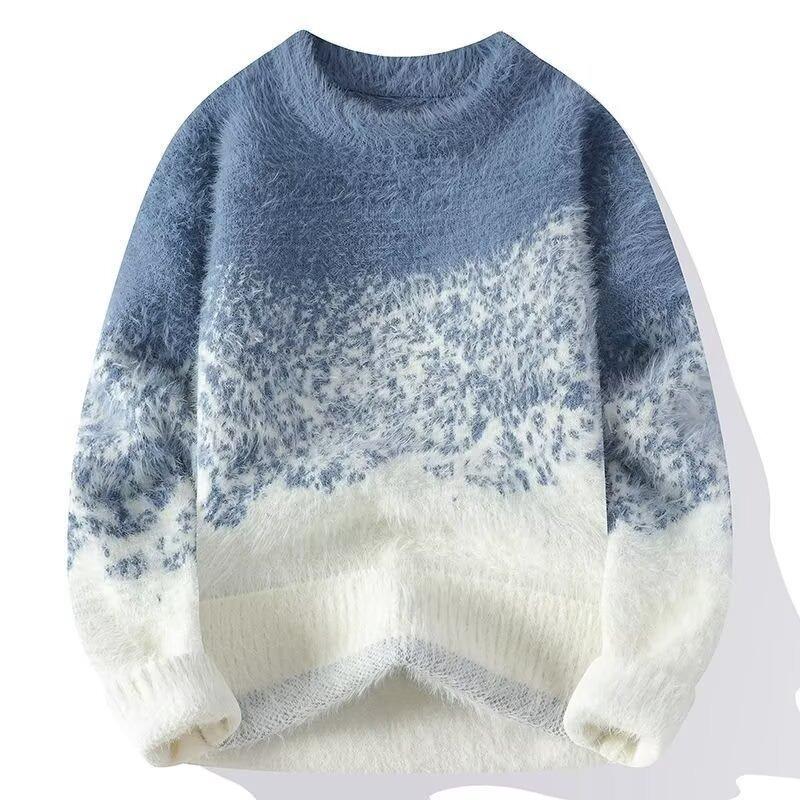 Gradient Soft Fuzzy Knit Sweater Men Round Neck Warm Autumn Winter Pullover