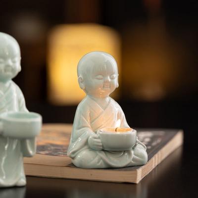Portacandele Monachino Zen in Ceramica Carino, Statuetta Decorativa Arredamento per la Casa