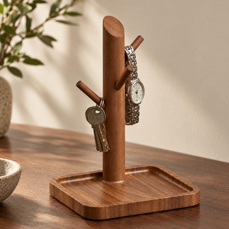 Entryway Key Holder and Jewelry Stand with Branched Hanging Pegs, Recessed Tray, and Removable Solid Wood Post