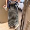 Vintage Color-Block Stripe Straight Skirt Elastic Waist Slimming Pencil Skirt QT2906