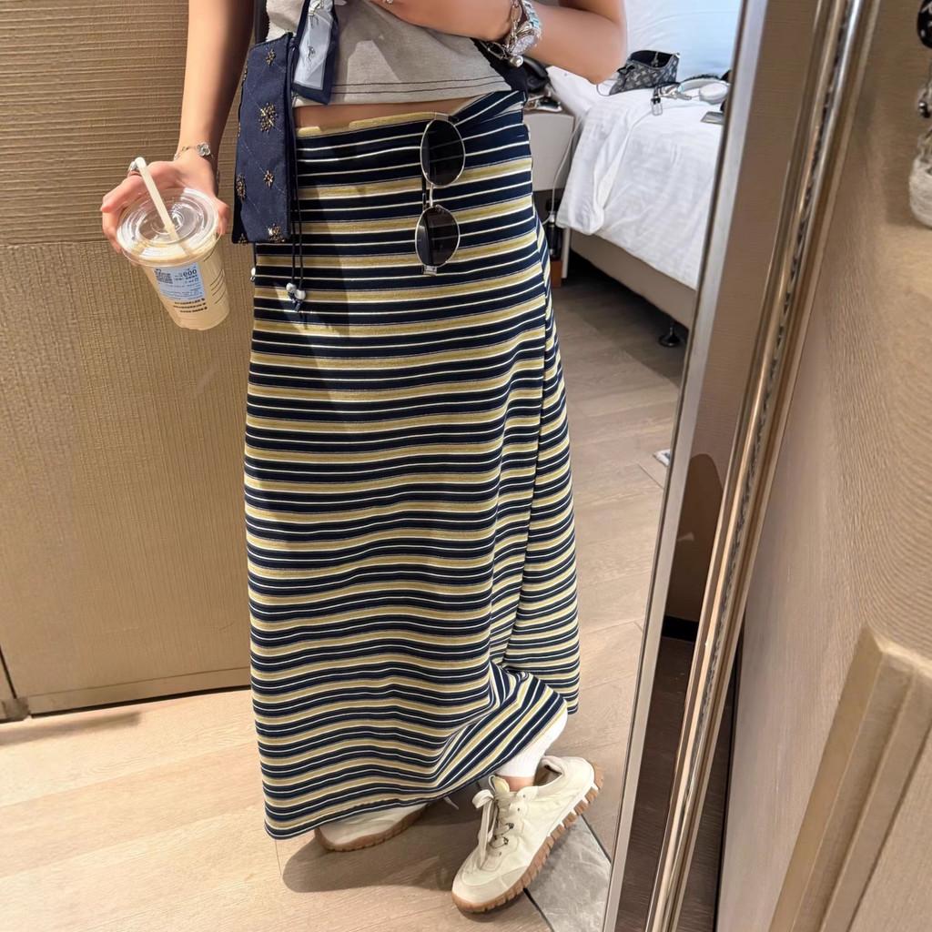 

Qooth Vintage Color-Block Stripe Straight Skirt Elastic Waist Slimming Pencil Skirt QT2906 One size зелёный