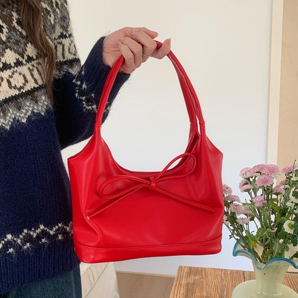 

Sweet Red Bowknot Handbag PU Leather Underarm Tote Bag Simple Vintage Bag Travel чорний