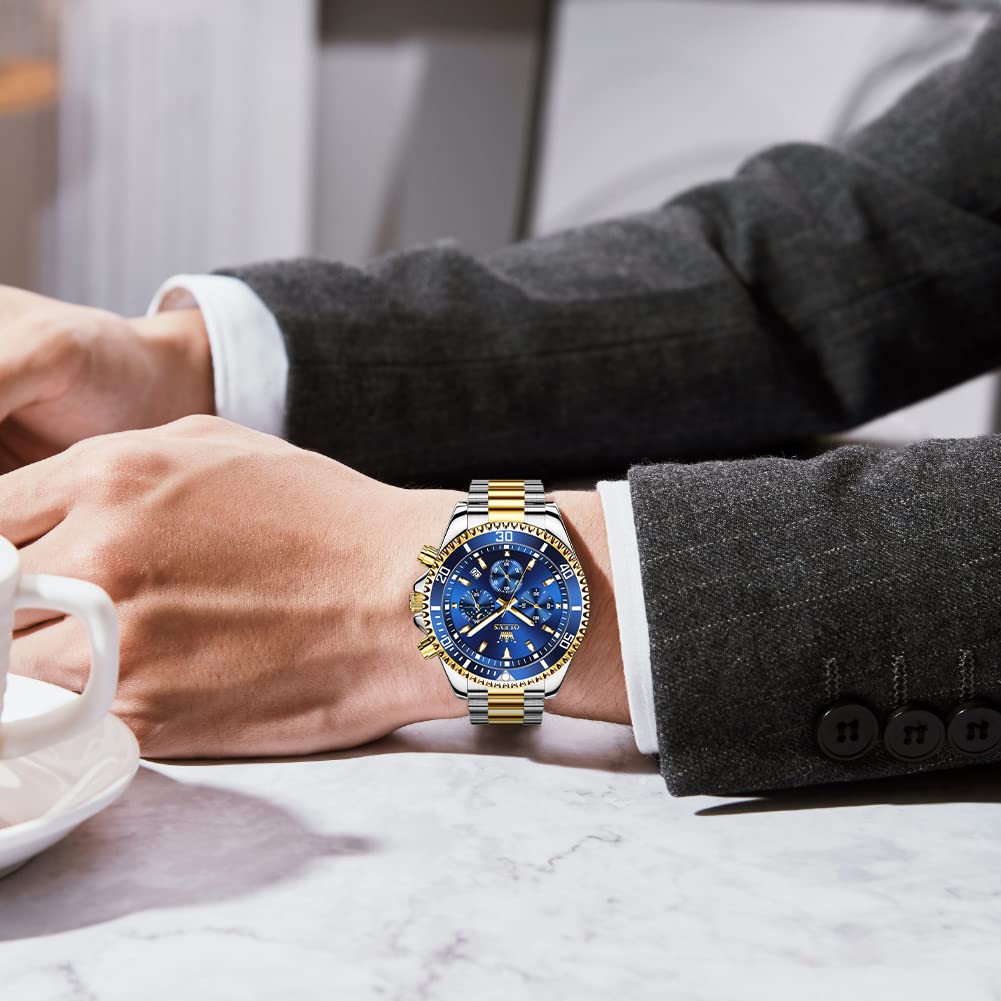 OLEVS Ceas bărbătesc, ceas de mână popular, cuarț, cronograf, din oțel inoxidabil, impermeabil, cu dată, ceas bărbătesc, cadou albastru