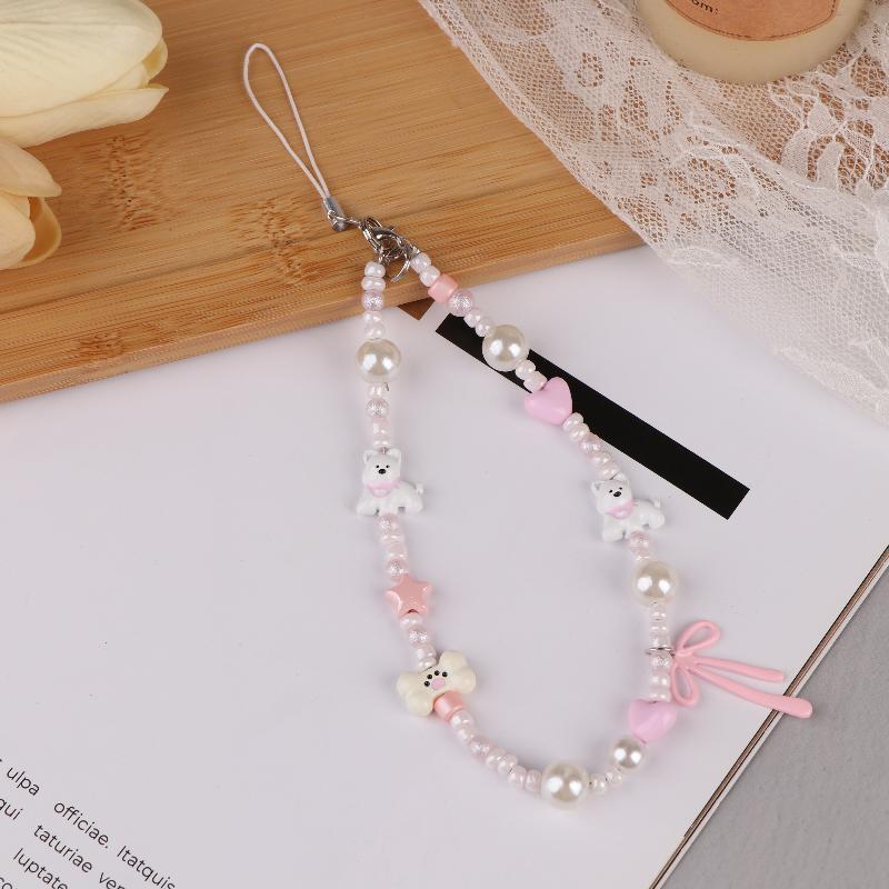 Y2K Cute Pink Puppy Beaded Phone Chain Cartoon West Highland Dog Phone Lanyard Wristband Keyring Universal Hanging Cord