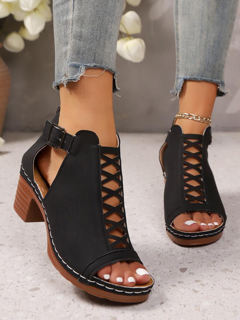Summer new thick heel high heel Roman fish mouth hollow large size buckle sandals