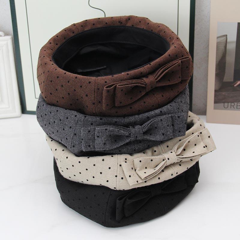 Bow Beret Women's Autumn and Winter Big Head Circumference Retro Dot Painter Hat Showing Face Small Star Anise Bud Hat