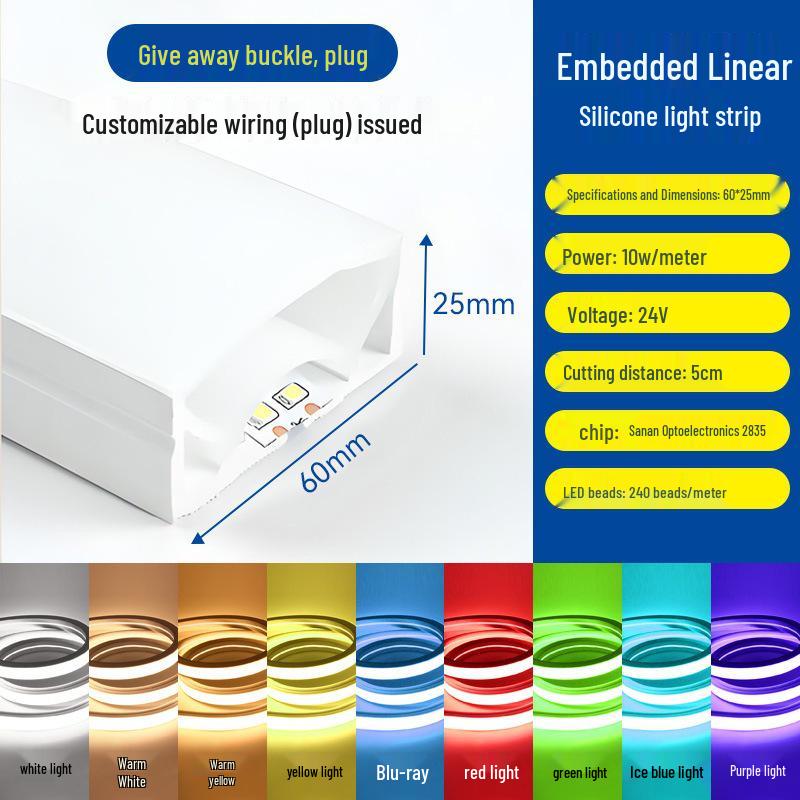 Dimmable Waterproof LED Silicone Strip, 12V-24V, 220V, Self-Adhesive, Embedded Linear Slot