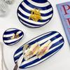 Korean Ins Retro Blue Line Ceramic Bowl Set,One Person Soup Plate Rice Bowl Home Accessories Bowls/Plates/Trays