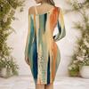 Women Plus Size Chain Strap Cold Shoulder Long Sleeve Striped Printed Asymmetrical Hem Bodycon Dress