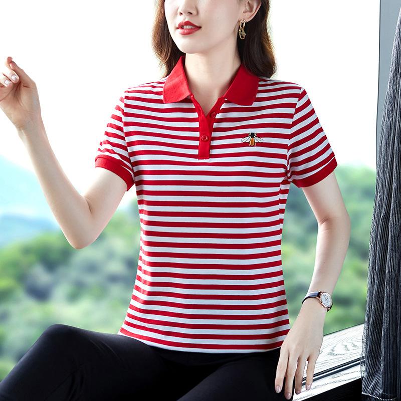 

YYFS Женская мода Повседневная Лето Весна Полосатый Принт Короткий рукав Воротник ПОЛО Блузки и Рубашки XXXXXL