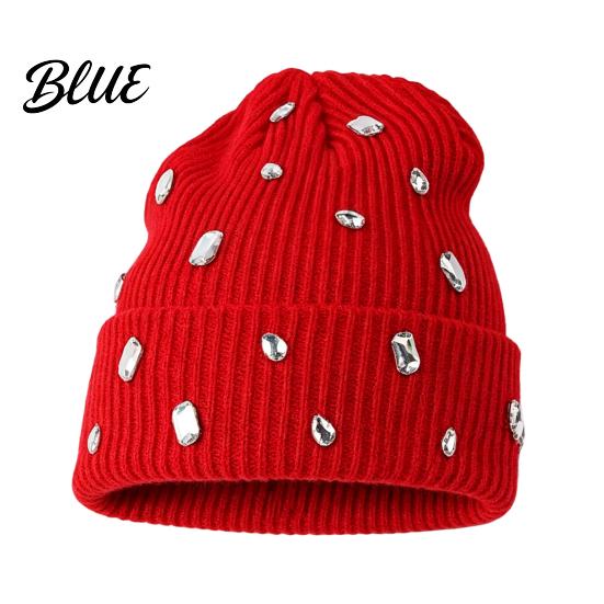 Stylish Cold Weather Headgear Bling Rhinestone Knitted Hat Street Punk Knit Winter Personalized Trendy Hat Warm Skull Cap for Women Autumn