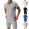 Men's Casual European & American Waffle Texture Shorts and T-Shirt Set - Solid Color, Short-Sleeved, Loose Lapel Design for Summer