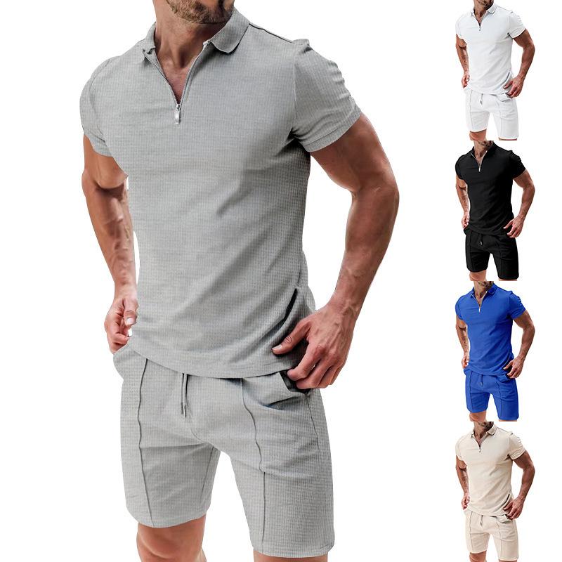Men's Casual European & American Waffle Texture Shorts and T-Shirt Set - Solid Color, Short-Sleeved, Loose Lapel Design for Summer