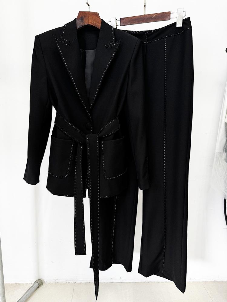 2026 European & American Beaded Trim Waistband Suit with Long Pants - Two-Piece Set
